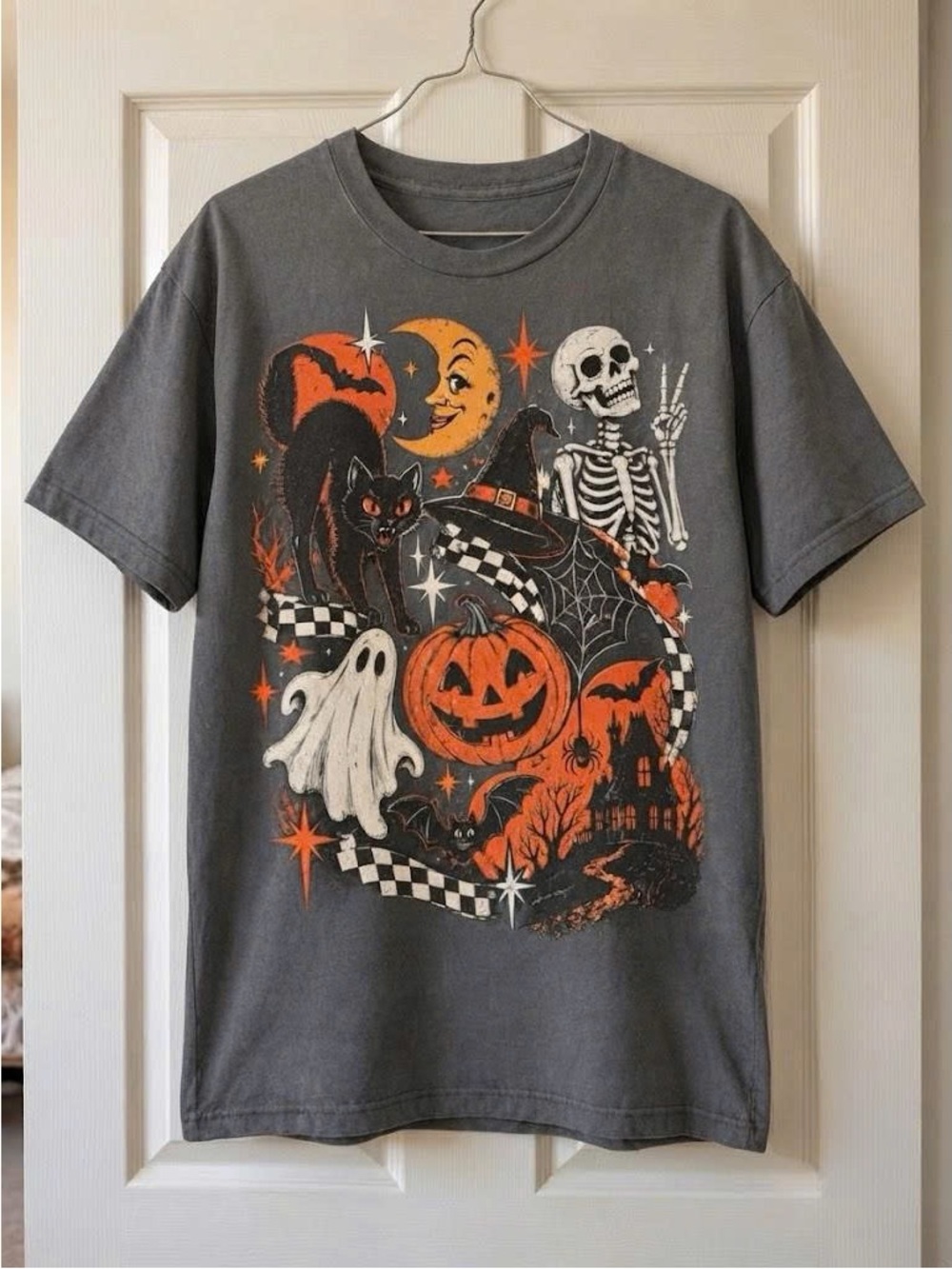 Vintage Gray Halloween Tee with Orange, White & Black Graphics